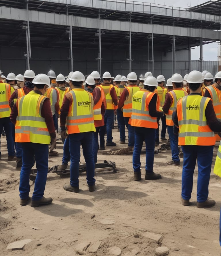 A team of construction workers in safety gear coordinating on an industrial site in Oman.