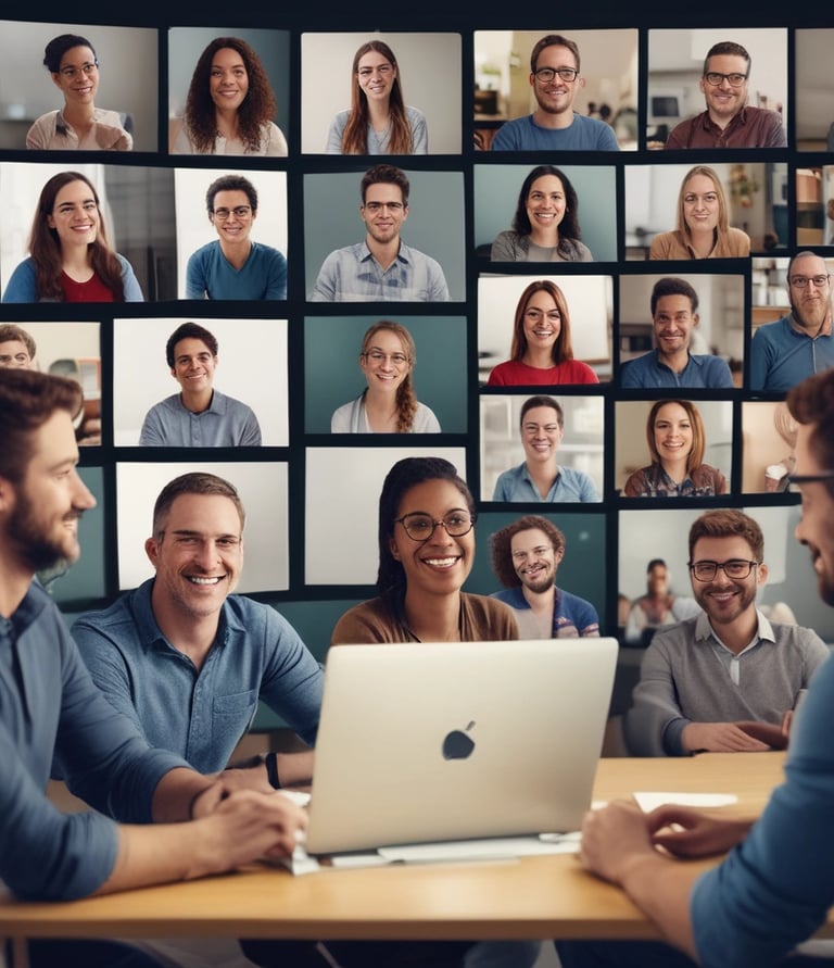 A diverse group of adults engaged in a virtual learning session, smiling and focused.