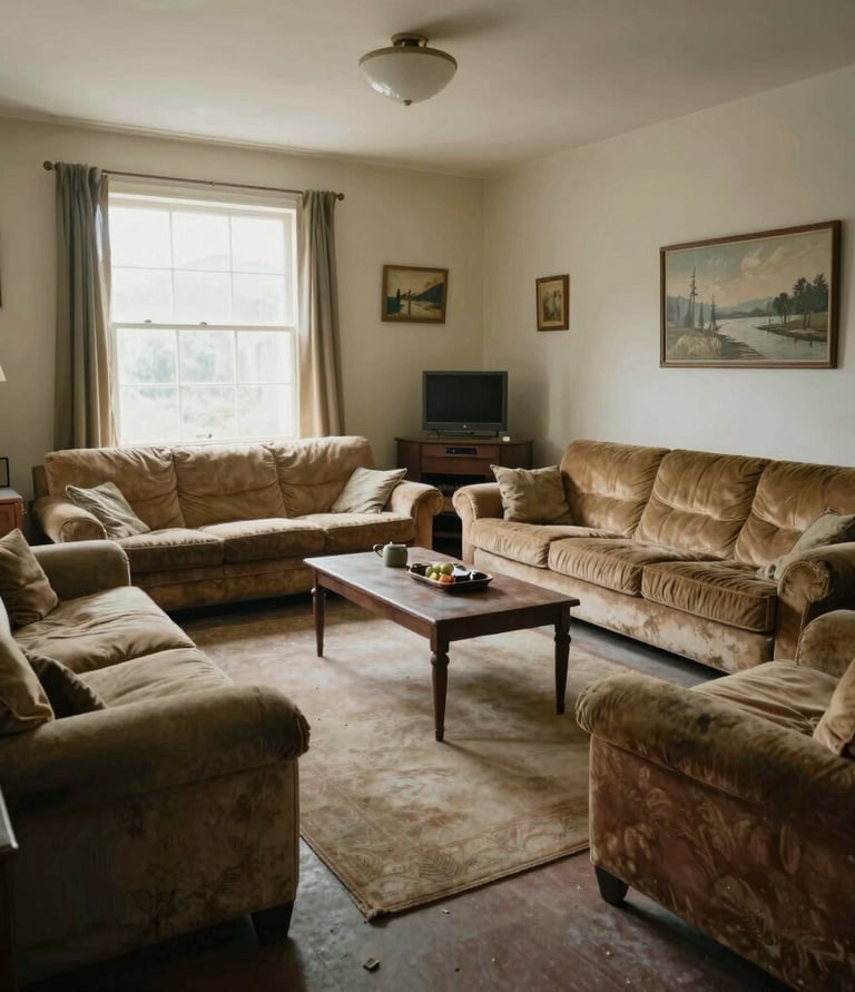 Vintage living room with brown velvet sofas, wooden coffee table, and landscape wall art.