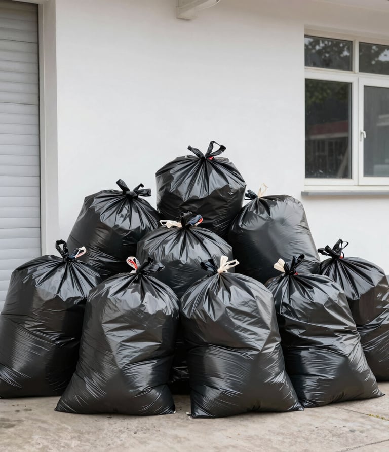 A pile of heavy-duty black plastic trash bags filled with waste stacked outside a white garage.