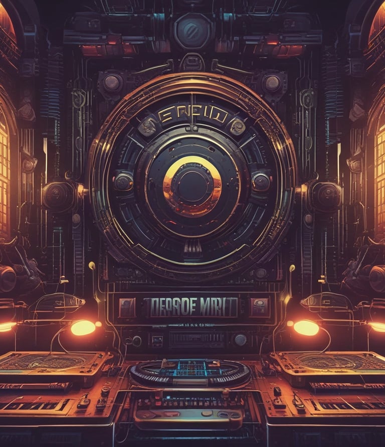 Artistic shot of Lorenzo Muscoso composing music in a dimly lit studio with gold and dark red accents.