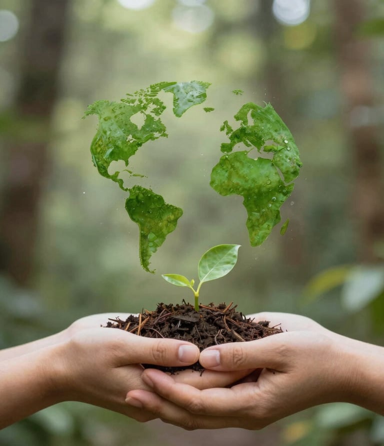 Close-up of a steaming cup of coffee resting on a wooden stump, surrounded by pinecones and autumn leaves.