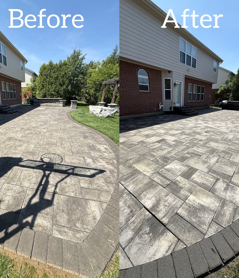 Before and after comparison of a professional patio stone cleaning and sealing service on a residential paver driveway.