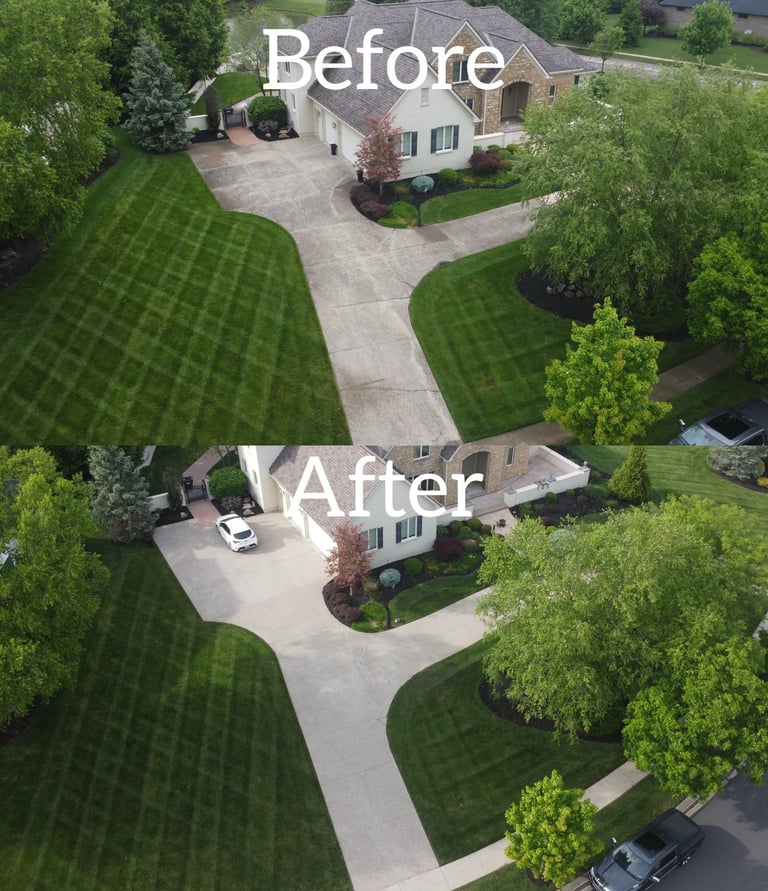 Before and after aerial view of a clean concrete driveway and professional lawn care for a suburban home.