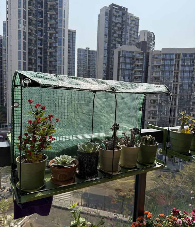 Urban small balcony with layered greenery, compact furniture, and cozy outdoor styling for everyday relaxation.