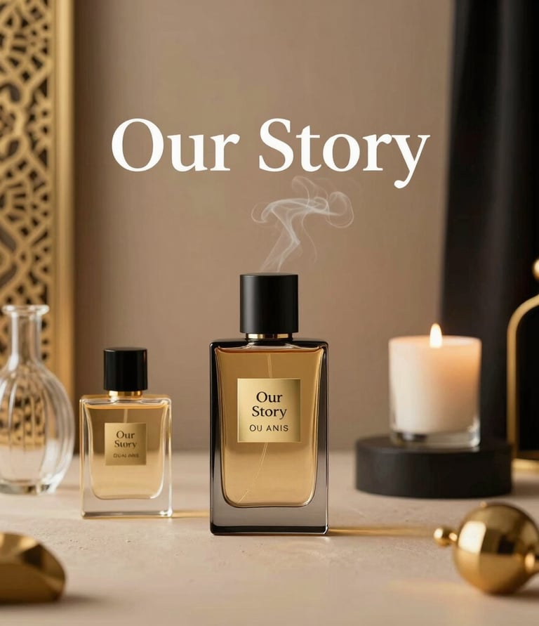 Close-up of an elegant perfume bottle with gold accents resting on a minimalist black and white surface.