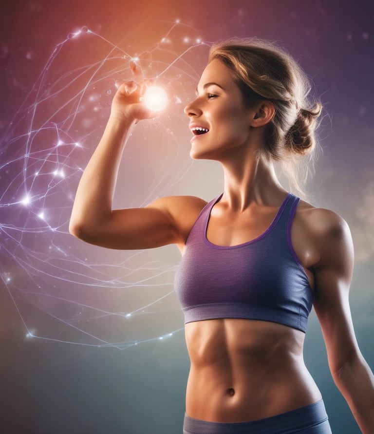 A vibrant workspace with biohacking tools, supplements, and a laptop displaying health data charts.