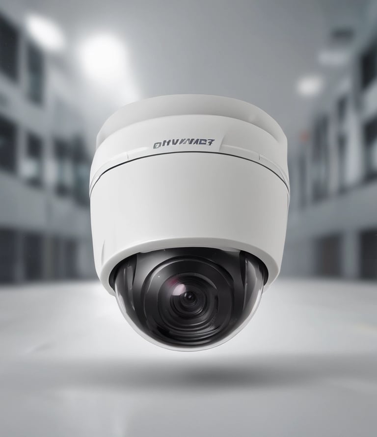 Close-up of a security camera mounted on a building corner with a clear blue sky background