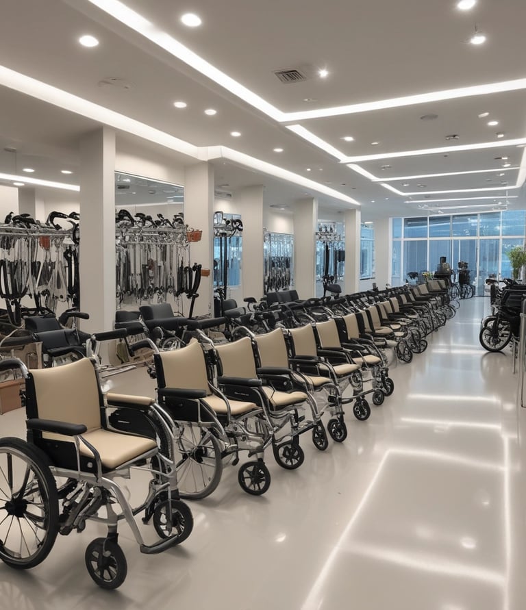 A variety of mobility aids including wheelchairs, scooters, and bathroom safety equipment displayed neatly in a welcoming showroom.