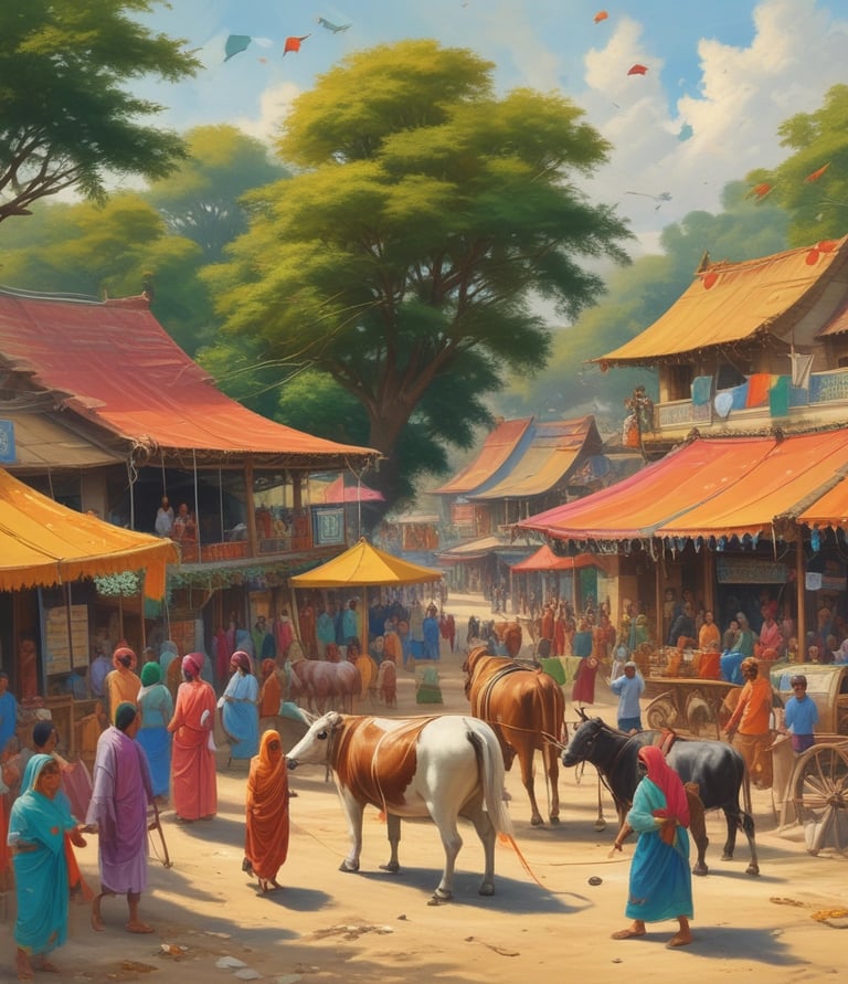 A colorful gathering of community members dressed in traditional attire celebrating Sankranthi with decorations and cultural performances.