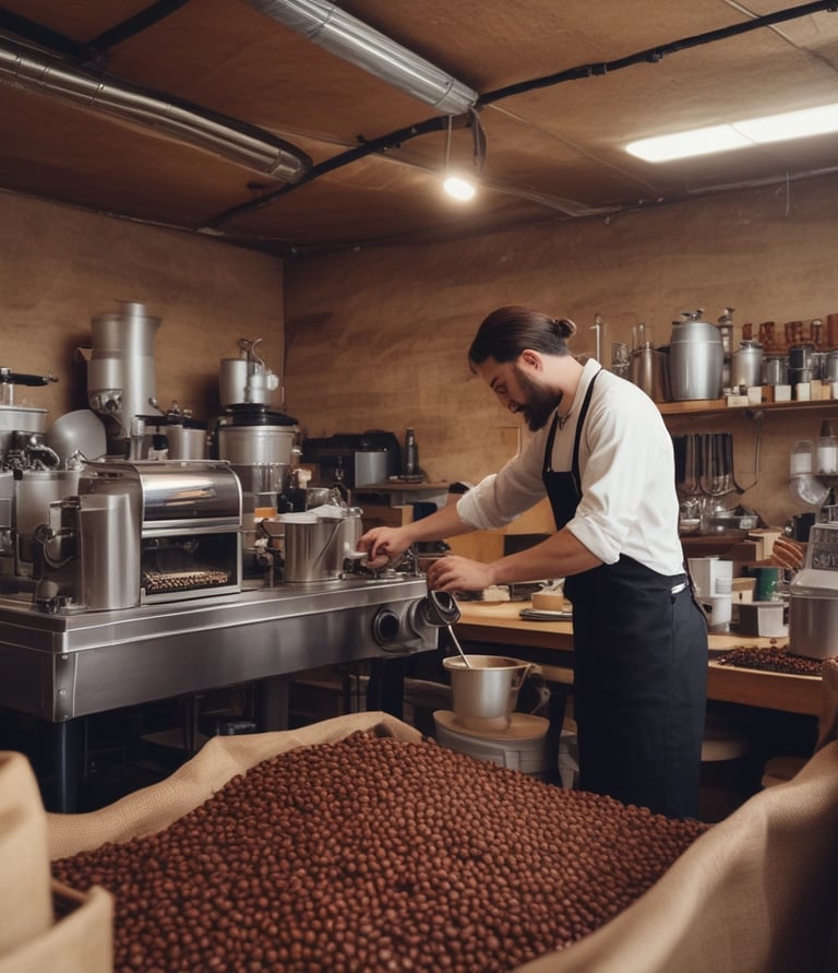 A cozy cup of coffee jelly on a wooden table surrounded by green plants, evoking a peaceful forest atmosphere.