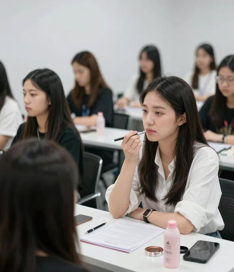 A warm classroom scene with students practicing facial treatments under expert guidance.