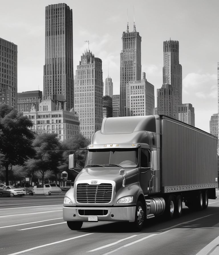 A bright, modern semi-truck hauling cargo down a highway at sunrise.