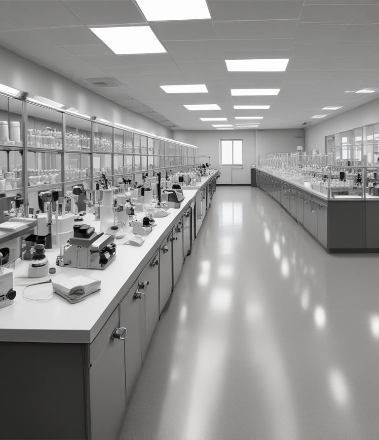 Close-up of a scientist carefully measuring chemicals in a modern pharmaceutical lab.