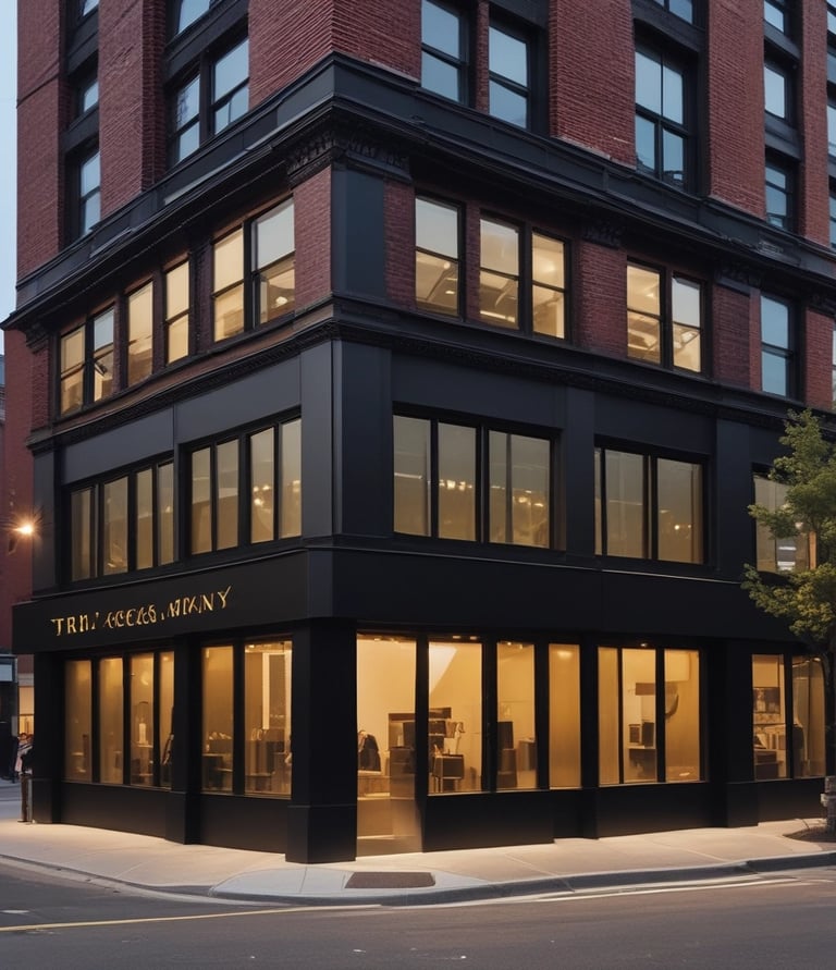 A sleek black and gold minimalist storefront sign reading 'tru gear bkny' at dusk.