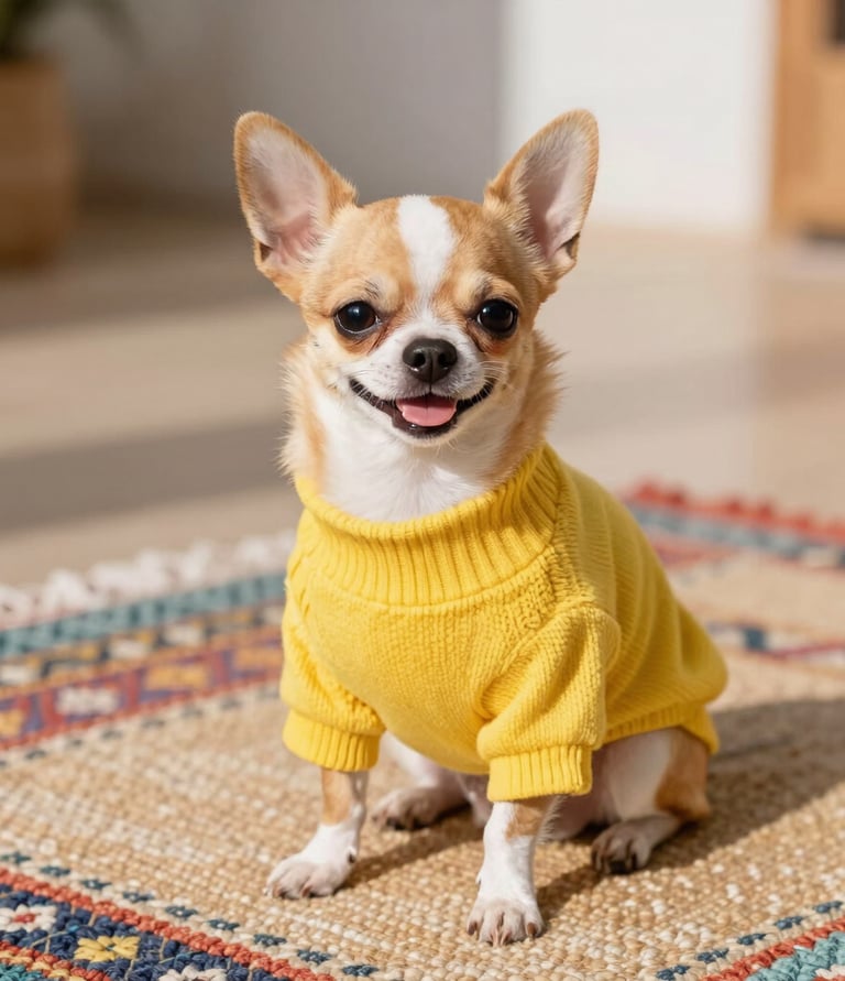 Un adorable chihuahua color canela y blanco, con un suéter amarillo, sentado sobre una alfombra.