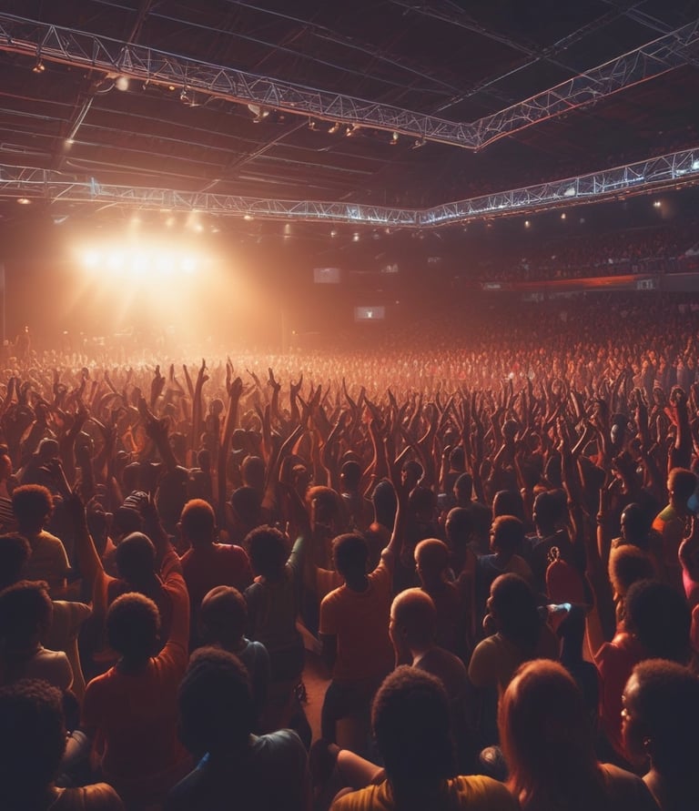 A vibrant crowd dancing joyfully at an outdoor afrobeat music festival during sunset.