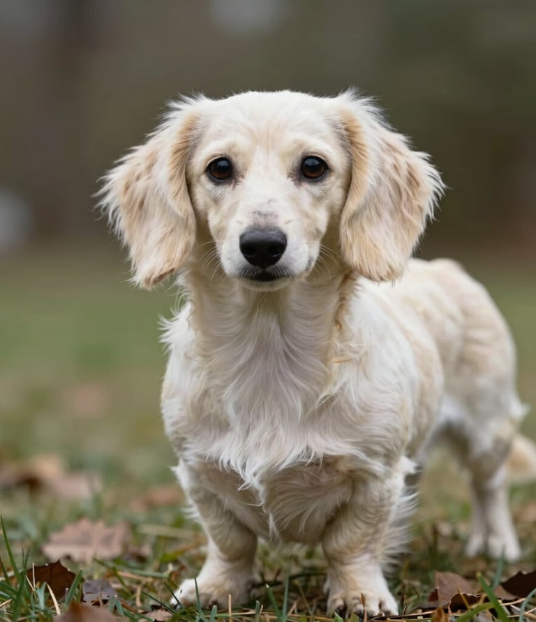A playful long-haired miniature dachshund enjoying a sunny outdoor walk.