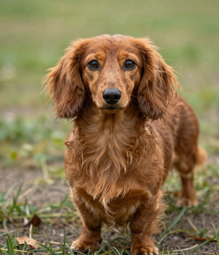 A close-up of a long-haired miniature dachshund with flowing silky fur and expressive eyes.