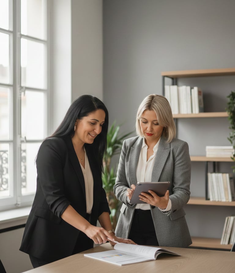 Collaboration entre deux professionnelles dans un bureau moderne
