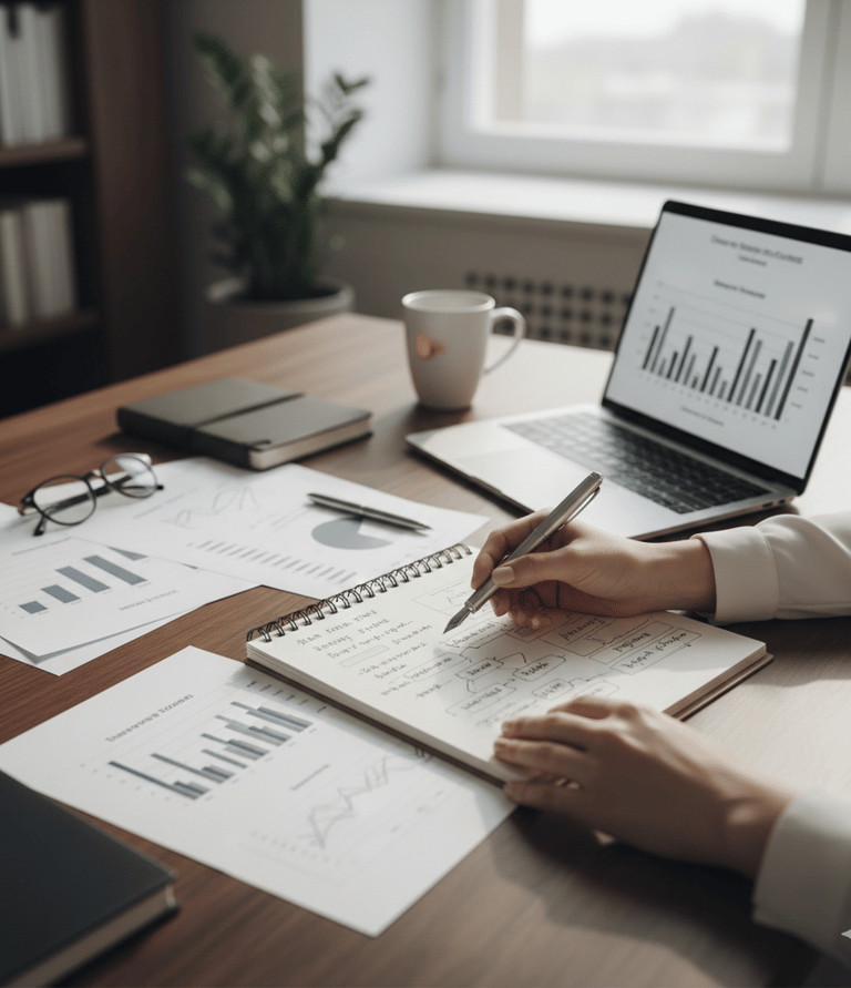 Analyse de données et préparation de documents professionnels sur un bureau de travail