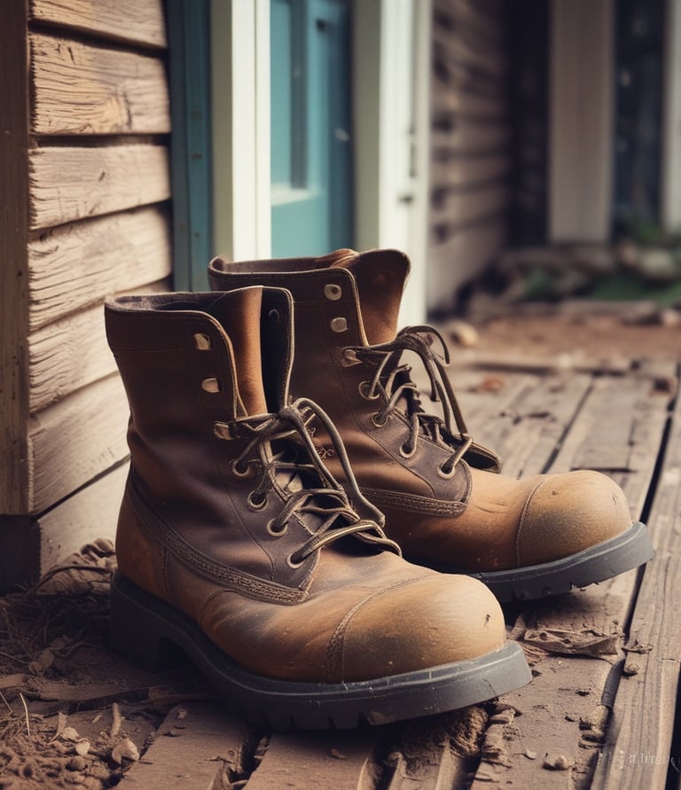 Close-up of sturdy work boots standing on freshly tilled soil beside gardening tools.