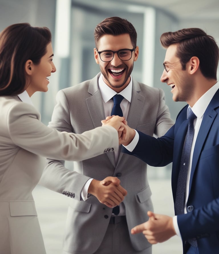 A friendly business team discussing consórcio plans in a modern office setting.