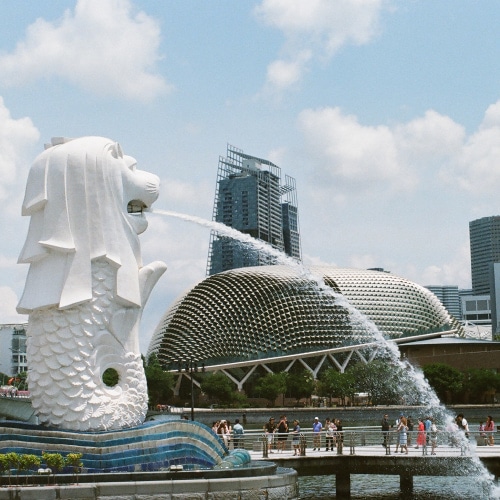 Singapore Merlion with Esplanade Theatre as backdrop