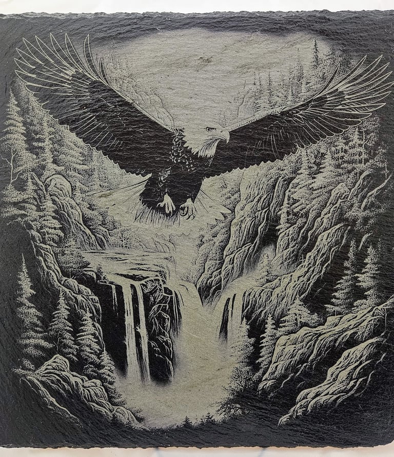 Laser engraved eagle slate plaque with mountain waterfall and pine trees, handcrafted wall art made