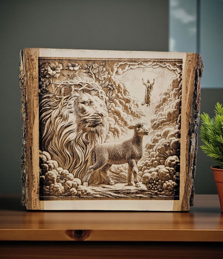 Handcrafted laser engraved wood wall art showing the lion and the lamb biblical scene with Jesus,