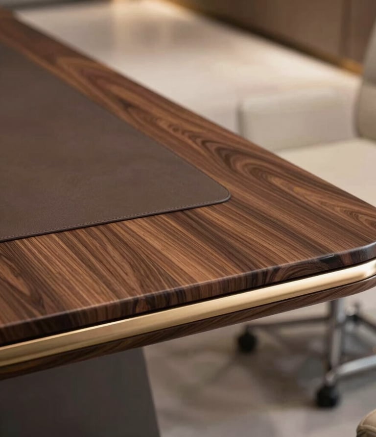 A softly lit close-up of rich walnut wood grain meeting matte black metal in a sleek executive desk corner.