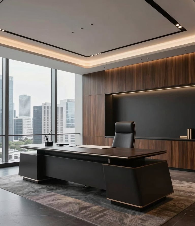An elegant, spacious office bathed in warm beige light, showcasing the Annova Executive Series in a cinematic setting.