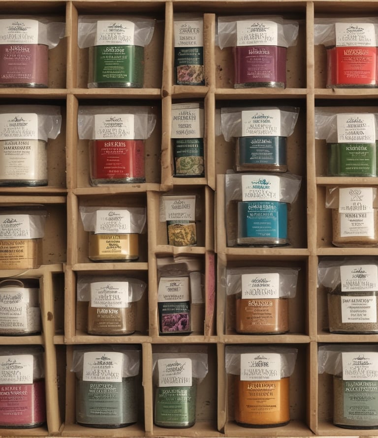 Various types of tea leaves are displayed in containers with labels written in a foreign language, likely Thai. The tea is accompanied by other packaged goods lining the shelves in a small, busy shop with colorful packaging. A person is seen in the background holding a smartphone.