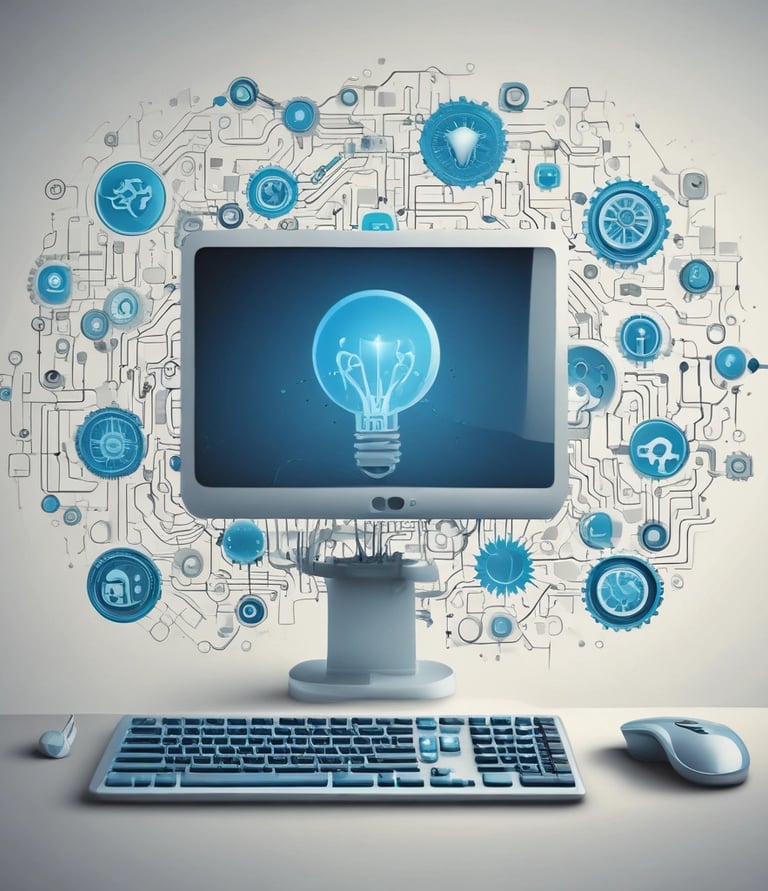 A modern tech studio workspace with dark tones and blue accents.