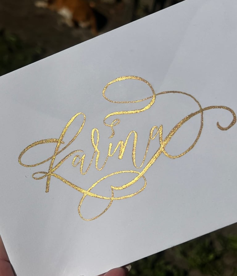 gold foil type custom calligraphy envelope "Karina" with flourishes