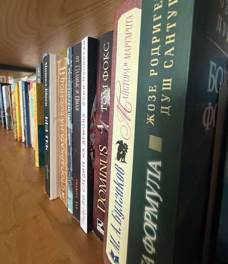 Перспективен изглед към редица книги от български и чуждестранни автори