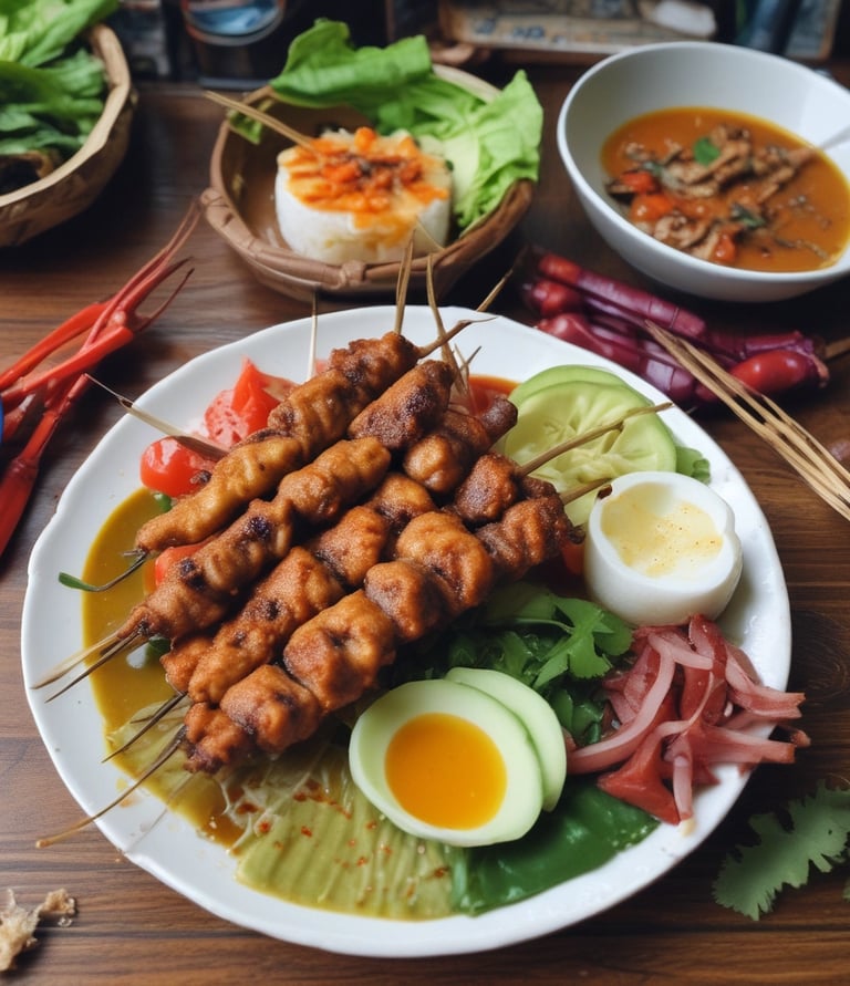 A dish arranged on a banana leaf placed over a wooden table. The meal consists of vegetables and pieces of tofu or tempeh topped with a rich-looking sauce. The setting appears to be a casual dining area with wooden chairs in the background.