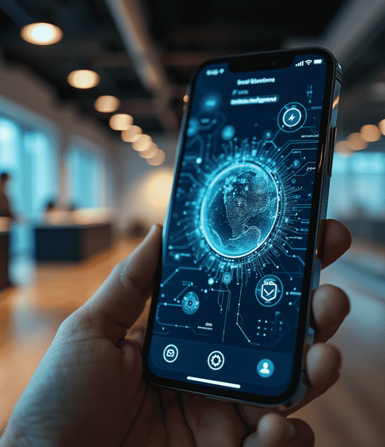 a person holding a cell phone with a futuristic interface