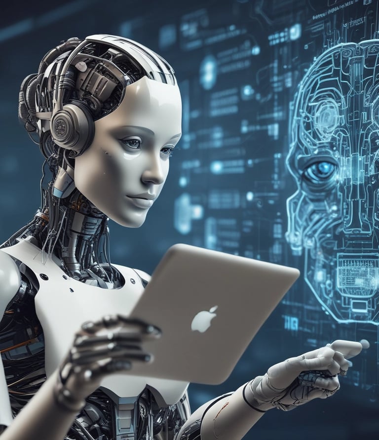 Four small, white robot figures are sitting in a row, each with a laptop in front of them. They have round bodies and blue accents, with 'AI' displayed on their chests. The background is minimal and light gray, emphasizing the robots and their computers.