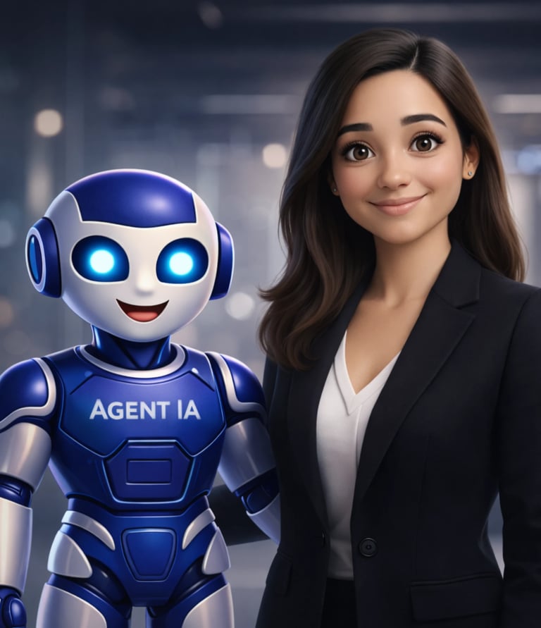 Agent IA FINEXALYS aux côtés d’une DAF-CEO, illustrant la collaboration humain-IA pour la performance financière.