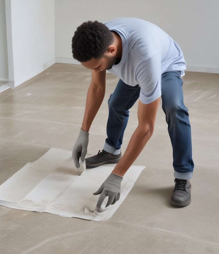 a man is standing on a piece of paper with a glove on his hand