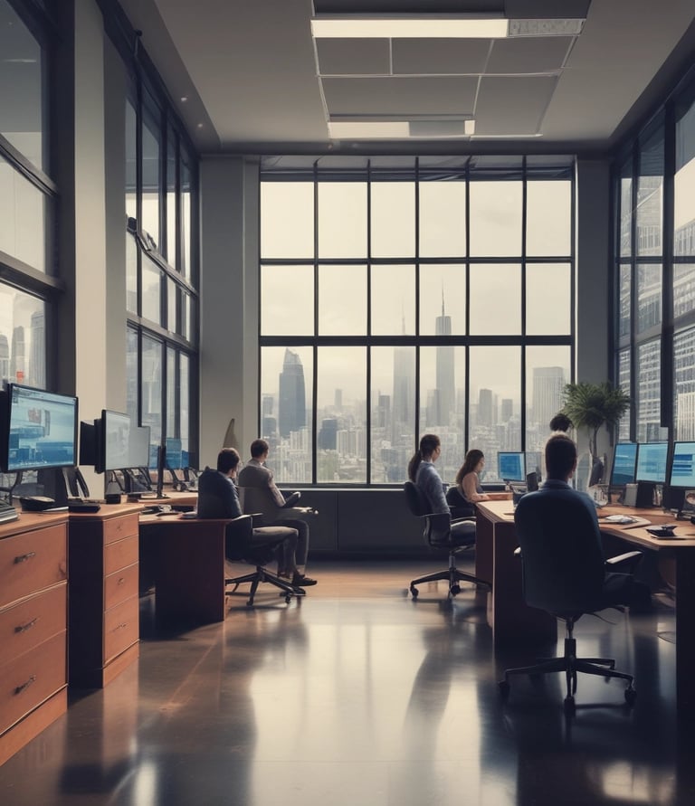 Professional traders discussing market strategies in a modern office setting.