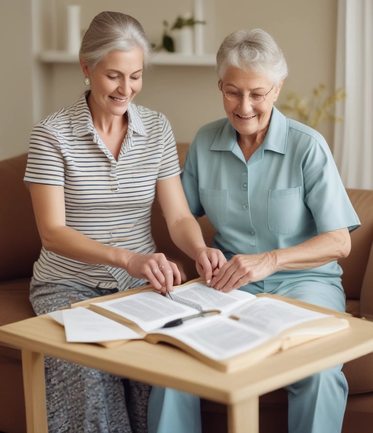 A smiling caregiver and senior sharing a moment of companionship outdoors.