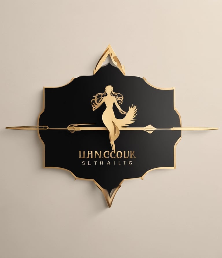 A logo sign attached to the wooden exterior of a building, featuring a stylized design in light and dark colors. Below the logo, text appears in a bold font. The background includes part of the building's facade and a view of street elements such as power lines and a street lamp, under a blue-tinged sky.