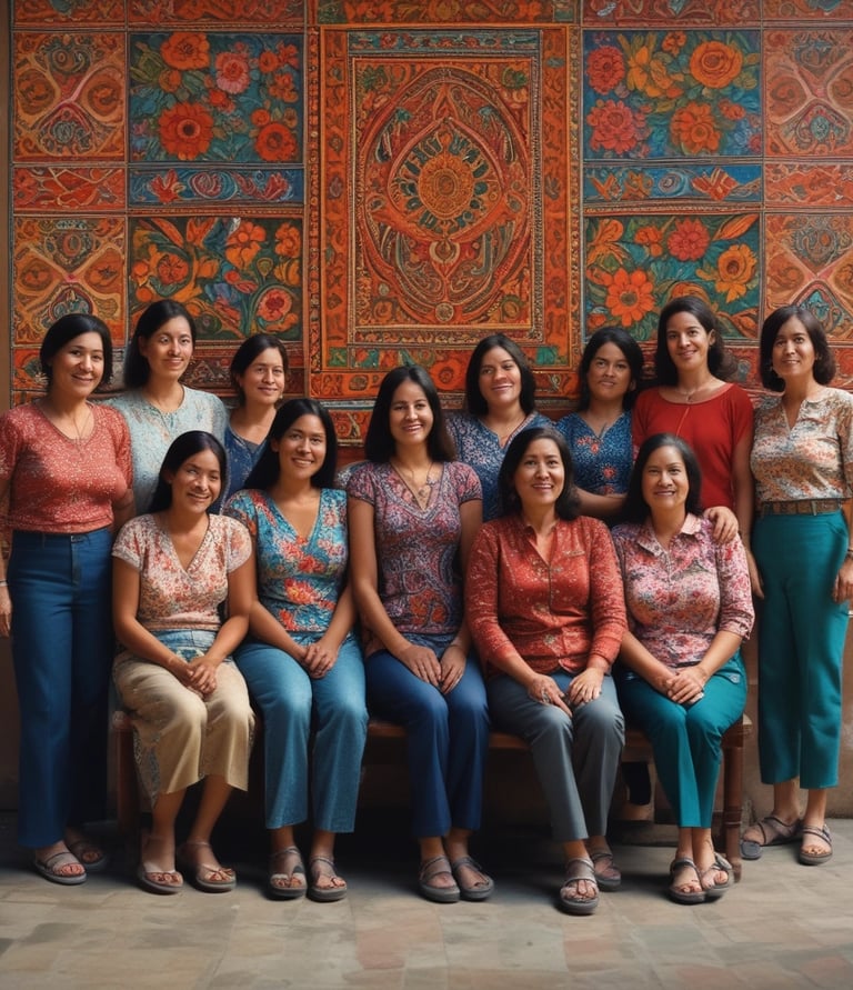 A group of diverse women collaborating on digital projects in a bright, welcoming workspace.