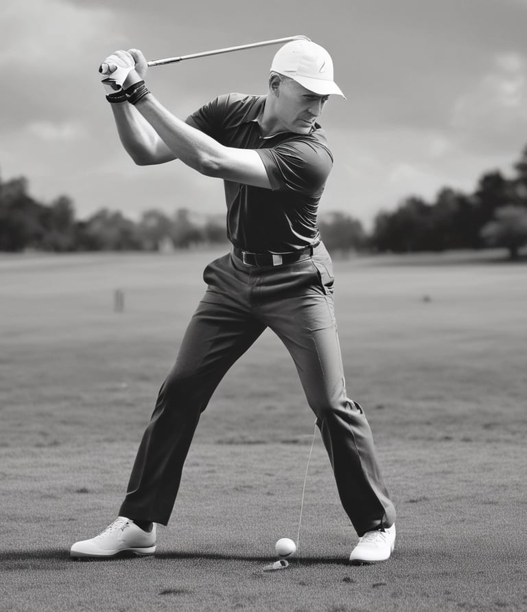 A close-up of a golf instructor demonstrating a swing technique on a lush green golf course.