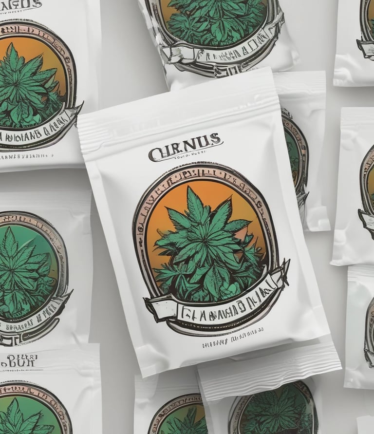 Various white pouches and bags of different sizes are displayed on a light-colored background with numbered sections. Each bag has a minimalistic design with labels attached.