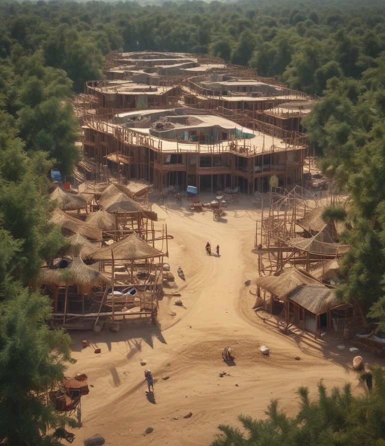 Close-up of architectural blueprints and a model of a luxury residential complex on a wooden table.