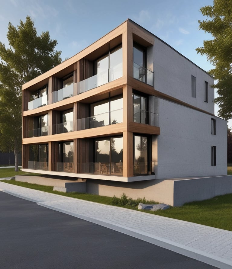 Modern residential building under construction with cranes and workers in a sunny setting