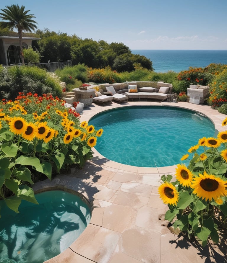 A modern pool with clear water reflecting sunlight, surrounded by green plants.